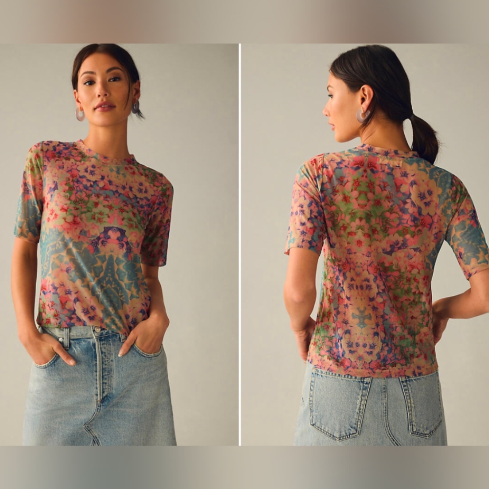 Anthropologie Floral Half-sleeve Mesh Top